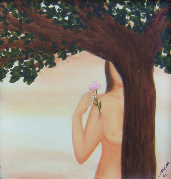 woman with pink flower 15x15 oil on canvas 2001