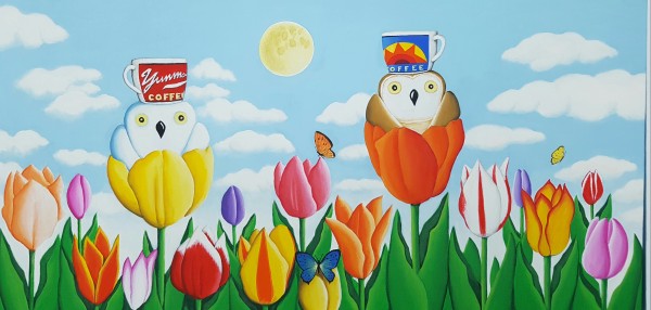 안윤모, Cup & Owl, 100x50cm, Acrylic on canvas, 2018