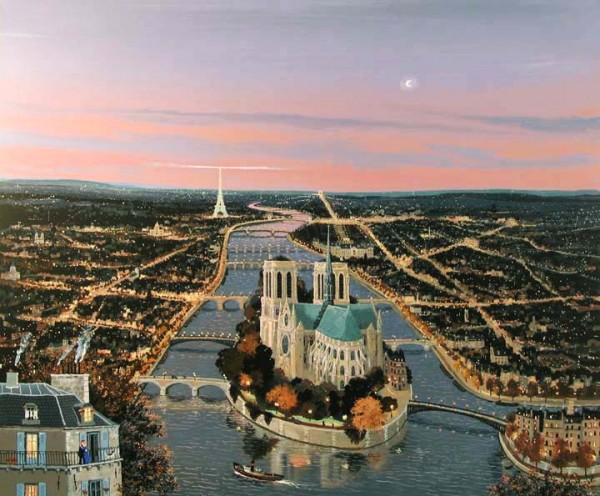 장밋빛 하늘 아래 파리의 심장 Coeur de Paris au ciel rose, 74x87
(88x103)cm Serigraph on canvas-paper, 1998