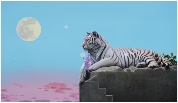 송형노, Dream (Tiger, Rabbit & full moon), 112x194cm, oil and acrylic on canvas, 2021.