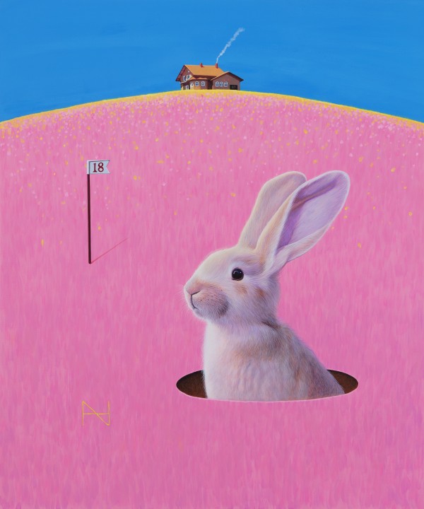 송형노, Rabbit into the hole(pink field), 72.7x60.6cm, oil and acrylic on canvas, 2024.