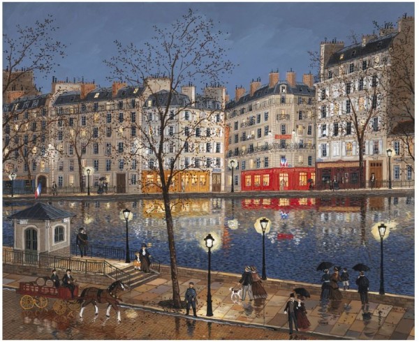 Fabienne Delacroix, Canal Saint-Martin le soir, 50x61cm, acrylic on board, 2024