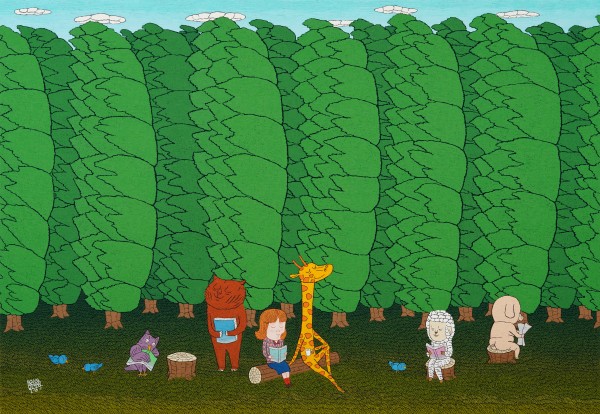 강지만, 숲속에서, 131x90x0.3cm , 장지 위에 돌가루, 분채, 2025