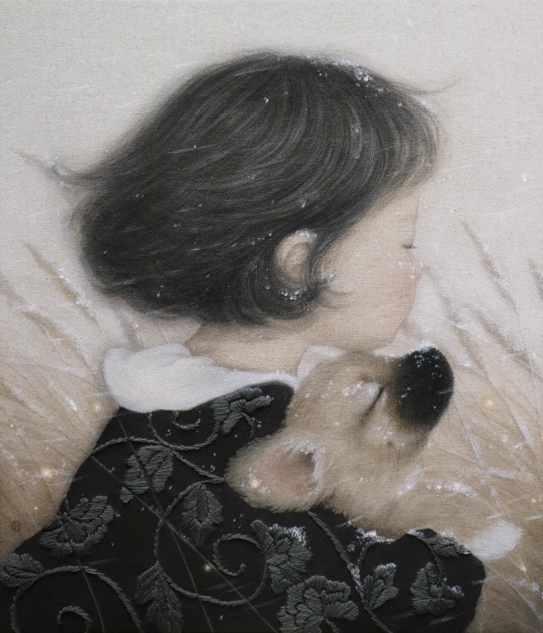 박지혜, Hug, 53x45.5cm, 린넨에 먹, 과슈, 실, 2025