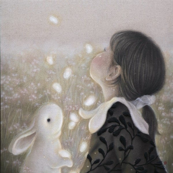 박지혜, 너와 나의 시간, 50.3x50.3cm, 린넨에 먹, 과슈, 실, 오일파스텔, 2025