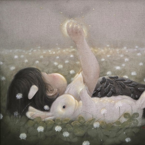 박지혜, 너와 나의 시간, 60.6x60.6cm, 린넨에 먹, 과슈, 실, 오일파스텔, 2025