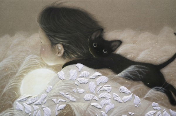 박지혜, 너와 나의 시간, 60.6x90.9cm, 린넨에 먹, 과슈, 실, 오일파스텔, 2025