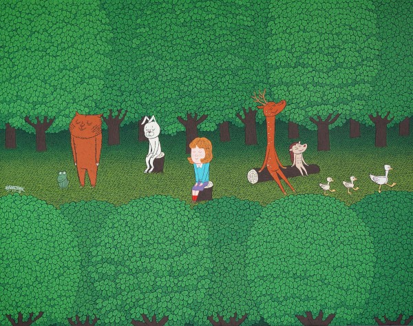 강지만, 숲속에서, 91x117cm, 한지에 돌가루와 분채, 2025.