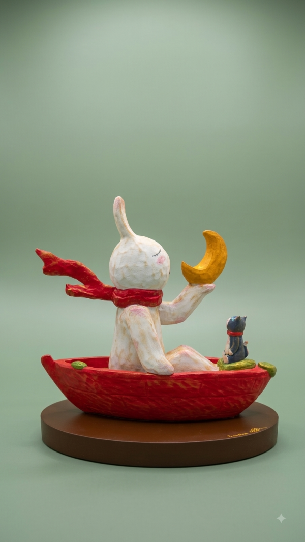 김종선, 붉은 배 위의 토끼와 고양이 그리고 달, 31x9x29.5cm, 혼합재료, 2026